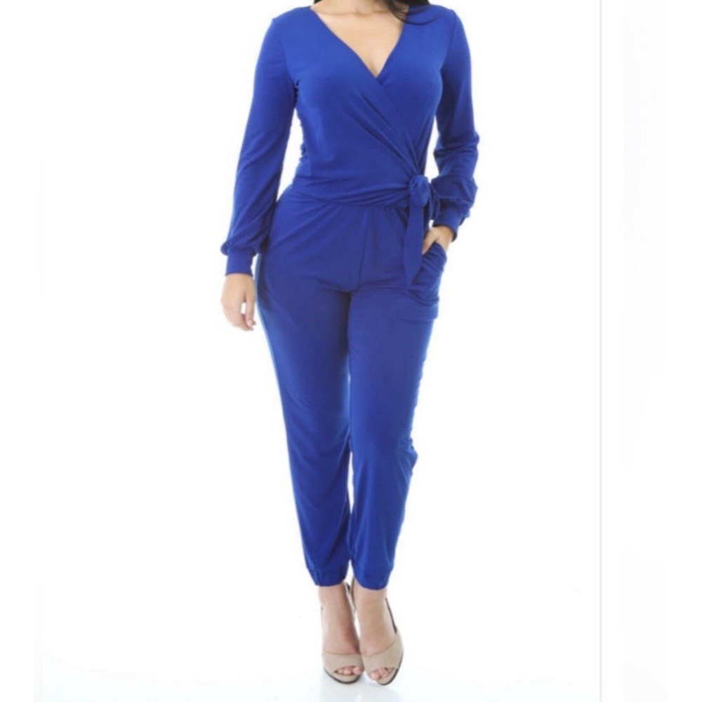 GoodTime USA NEW Womens Blue Solid Romper Jumpsuit Size Small‎ Long Sleeve V Cut